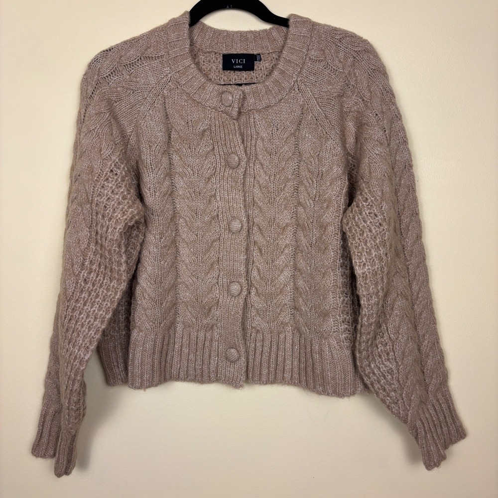 VICI Harper Cable Knit Cardigan In Taupe Tan Women Size Large Crewneck Warm Cozy - Picture 4 of 10